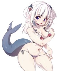 Rule 34 | 1girl, absurdres, alternate breast size, bikini, blue bikini, blue eyes, blue hair, blunt bangs, breasts, fins, fish tail, gawr gura, hair ornament, highres, hololive, hololive english, looking at viewer, medium breasts, multicolored hair, navel, shark tail, sharp teeth, side-tie bikini bottom, simple background, slugbox, solo, swimsuit, tail, teeth, thick thighs, thighs, two-tone hair, virtual youtuber, white background, white hair