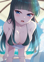 Rule 34 | 1girl, absurdres, ball, beach, beachball, bikini, black bikini, black hair, blue eyes, blue sky, blunt bangs, blush, breasts, cloud, day, forced perspective, highres, horizon, large breasts, leaning forward, long hair, looking at viewer, mole, mole on breast, mole under eye, mole under mouth, ocean, original, outdoors, panties, panty pull, pussy juice, pussy juice trail, sakamata (sakamata4), sarong, sidelocks, skindentation, sky, solo, stained panties, sunlight, swimsuit, underwear, very long hair, white sarong