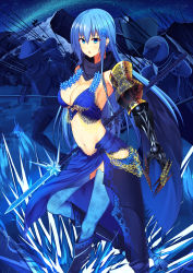 Rule 34 | 1girl, absurdres, armor, armpits, bikini, bikini top only, blue eyes, blue flower, blue hair, blue skirt, blue thighhighs, breasts, character request, cleavage, crop top, flower, gauntlets, hair between eyes, hair flower, hair ornament, highres, holding, holding weapon, inui kentarou, inuikentarou, large breasts, long hair, mechanical arms, midriff, navel, open mouth, original, outdoors, polearm, scarf, single mechanical arm, skirt, solo focus, swimsuit, thighhighs, very long hair, weapon