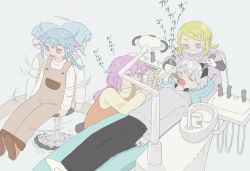 Rule 34 | 2girls, 2others, afterimage, black hair, blonde hair, blue eyes, blue hair, braid, braided ponytail, closed eyes, commentary, dentist, flower (vocaloid), flower (vocaloid4), gloves, gradient hair, grey hoodie, hair ornament, hairclip, highres, holding hands, hood, hoodie, kagamine rin, lying, mask, medium hair, meika hime, meika mikoto, milanomarun, motion lines, mouth mask, multicolored hair, multiple girls, multiple others, nose bubble, on back, open mouth, pink eyes, pink hair, ponytail, short hair, sitting, spinning, spinning chair, streaked hair, suspenders, swept bangs, translated, vocaloid, white gloves, white hair