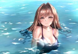 Rule 34 | 1girl, afloat, artist name, bare shoulders, black one-piece swimsuit, breasts, cleavage, closed mouth, collarbone, goddess of victory: nikke, hair intakes, highres, large breasts, light brown hair, long hair, looking at viewer, meldrik, multicolored clothes, multicolored swimsuit, ocean, one-piece swimsuit, orange eyes, rapi (classic vacation) (nikke), rapi (nikke), solo, swimsuit, water, wet, white one-piece swimsuit
