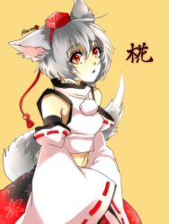 Rule 34 | 1girl, ahoge, animal ears, bare shoulders, blush, breasts, character name, detached sleeves, hat, inubashiri momiji, leaf, looking at viewer, midriff, navel, open mouth, pom pom (clothes), red eyes, rosette (roze-ko), shirt, short hair, signature, silver hair, skirt, solo, tail, tokin hat, touhou, wolf ears, wolf tail