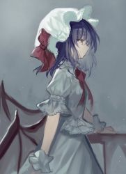 Rule 34 | 1girl, ascot, bat wings, breasts, dress, expressionless, from side, fuepo, hat, low wings, mob cap, profile, puffy sleeves, remilia scarlet, short sleeves, small breasts, solo, touhou, white dress, wings, wrist cuffs