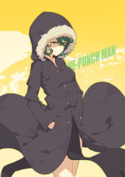 Rule 34 | 1girl, bad id, bad pixiv id, breasts, buttons, dress, eyebrows, fur trim, green eyes, green hair, hands in pockets, hood, hoodie, matching hair/eyes, one-punch man, parka, short hair, small breasts, solo, standing, tatsumaki, zetlice