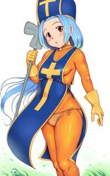 Rule 34 | 1girl, blue hair, bodystocking, bodysuit, breasts, brown eyes, cameltoe, choker, cleric, cross, dragon quest, dragon quest iii, fantasy, floating hair, gloves, grass, groin, hat, highres, holding, holding staff, long hair, looking at viewer, medium breasts, mitre, open mouth, orange bodysuit, orange panties, orizen, panties, priest (dq3), side-tie panties, sideboob, skin tight, solo, square enix, staff, tabard, thick thighs, thighs, underwear, yellow gloves