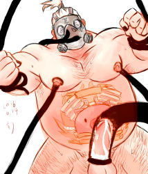 Rule 34 | 1boy, body hair, fat, fat man, gay domination, male focus, mask, nipples, nude, overwatch, overwatch 1, penis milking, restrained, roadhog (overwatch), silver hair, solo, tagme