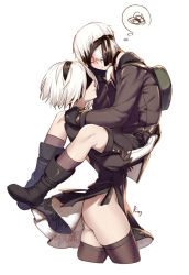 Rule 34 | 1boy, 1girl, aki663, ass, backpack, bag, black dress, black thighhighs, blindfold, carrying, closed mouth, cowboy shot, dress, embarrassed, expressionless, from side, hairband, looking away, nier (series), nier:automata, no panties, short dress, short hair, simple background, squiggle, sweatdrop, thighhighs, thighs, thought bubble, twitter username, white background, white hair, 2b (nier:automata), 9s (nier:automata)