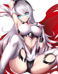Rule 34 | + +, 1girl, :o, arm behind head, armor, armpits, bare shoulders, blue eyes, boots, breasts, cameltoe, cape, cleavage, cleft of venus, gauntlets, hair between eyes, hair ornament, hand on own chest, highres, honkai (series), honkai impact 3rd, kiana kaslana, kiana kaslana (herrscher of flamescion), long hair, looking at viewer, open mouth, ponytail, simple background, slash-ex, solo, spread legs, thigh boots, thighhighs, torn cape, torn clothes, white background, white footwear, white hair