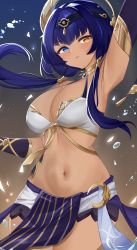 Rule 34 | 1girl, absurdres, arm up, armpits, blue eyes, breasts, candace (genshin impact), circlet, curvy, dark-skinned female, dark skin, egyptian clothes, floating hair, genshin impact, gold, gold trim, heterochromia, highres, kuro (blackpgmickey), large breasts, looking at viewer, low twintails, navel, parted lips, pelvic curtain, purple hair, solo, stomach, tan, twintails, wide hips, yellow eyes