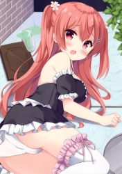 Rule 34 | 1girl, :o, absurdres, artist request, ass, bare shoulders, bendy straw, black dress, black sleeves, blush, breasts, brick wall, brown hair, center frills, cup, detached sleeves, dress, drink, drinking glass, drinking straw, flower, frilled thighhighs, frills, hair between eyes, hair flower, hair ornament, hairclip, highres, long hair, looking at viewer, looking back, lying, medium breasts, menu, non-web source, on floor, on side, open mouth, original, panties, pink ribbon, puffy short sleeves, puffy sleeves, red eyes, ribbon, short sleeves, solo, spill, thighhighs, tray, two side up, underwear, very long hair, white flower, white panties, white thighhighs