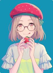 Rule 34 | 1girl, beret, blue background, blue hat, blue ribbon, brown-framed eyewear, brown eyes, clip studio paint (medium), dress, food, frilled sleeves, frills, fruit, glasses, hat, hat ribbon, holding, holding food, blue background, light brown hair, looking over eyewear, multicolored eyes, multicolored nails, nail polish, no bangs, original, pink nails, polka dot headwear, portrait, red hat, ribbon, rie (ooorie), round eyewear, short hair, short sleeves, smile, solo, strawberry, tongue, tongue out, two-tone dress, two-tone headwear, two-tone ribbon, upper body, white dress, white ribbon, yellow dress, yellow nails