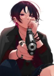 Rule 34 | 1girl, black hair, black jacket, cigarette, closed mouth, commission, ear piercing, gun, highres, holding, holding cigarette, holding gun, holding weapon, jacket, jewelry, kisaragi ren (vtuber), looking at viewer, multicolored hair, multiple rings, nail polish, necklace, pants, piercing, red eyes, red hair, ring, rinto (rint rnt), short hair, simple background, skeb commission, solo, virtual youtuber, vspo!, weapon, white background