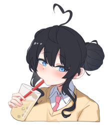 Rule 34 | 1girl, ahoge, aningay, black hair, blue eyes, blush, bubble tea, collared shirt, cropped torso, cup, disposable cup, double bun, drinking, drinking straw, hair between eyes, hair bun, heart, heart ahoge, highres, holding, holding cup, long hair, necktie, original, pink necktie, shirt, simple background, solo, sweater, upper body, white background, white shirt, yellow sweater