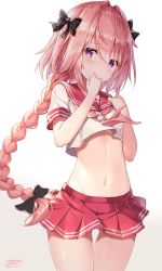 Rule 34 | 1boy, 1girl, astolfo (fate), astolfo (sailor paladin) (fate), black bow, blouse, blush, bow, braid, braided ponytail, breasts, closed mouth, commentary request, cowboy shot, crop top, fate/apocrypha, fate/grand order, fate (series), hair bow, hair intakes, hair ribbon, long hair, looking at viewer, male focus, midriff, navel, neckerchief, official alternate costume, pink hair, pink neckerchief, pleated skirt, purple eyes, ribbon, rin yuu, school uniform, serafuku, shirt, short sleeves, single braid, skirt, small breasts, solo, standing, stomach, thigh gap, trap, very long hair, white shirt