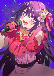 Rule 34 | 1girl, belt, dress, eyelashes, fang, fangs, gloves, hair between eyes, hair ornament, hair ribbon, hands up, heart, heart print, highres, holding, holding microphone, hoshino ai (oshi no ko), idol, long hair, looking at viewer, microphone, music, nitsuki 09, one side up, open mouth, oshi no ko, pink dress, pink gloves, pink ribbon, pointing, pointing at viewer, purple background, purple belt, purple eyes, purple hair, rabbit hair ornament, ribbon, short sleeves, simple background, singing, solo, standing, star (symbol), star hair ornament, star in eye, sweat, sweatdrop, symbol in eye, teeth, tongue, turtleneck, turtleneck dress, v-shaped eyebrows
