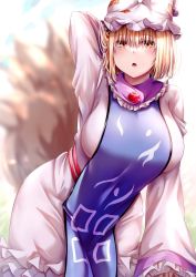 Rule 34 | 1girl, animal hat, blonde hair, blurry, blurry background, breasts, dress, fox tail, hand in own hair, hat, highres, large breasts, leaning forward, long sleeves, looking at viewer, mirufui, mob cap, multiple tails, open mouth, short hair, solo, tabard, tail, touhou, white background, white dress, white hat, wide sleeves, yakumo ran, yellow eyes