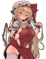 Rule 34 | 1girl, :o, alternate breast size, blonde hair, blush, breasts, flandre scarlet, hat, highres, long hair, looking at viewer, medium breasts, mikan (manmarumikan), mob cap, red eyes, simple background, solo, standing, sweat, thighhighs, thighs, touhou, very long hair, white background, white hat, white thighhighs, wings, wrist cuffs