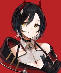 Rule 34 | 1girl, absurdres, azur lane, bare shoulders, black choker, black hair, black jacket, breasts, choker, cleavage, hair between eyes, highres, horns, jacket, looking to the side, mechanical horns, medium breasts, midorino (green-happy), multicolored hair, red background, red horns, short hair, simple background, solo, two-tone hair, ulrich von hutten (azur lane), upper body, white hair, yellow eyes