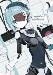 Rule 34 | 1girl, ahoge, blue eyes, blue hair, breasts, brown hair, cable, colored skin, commission, cowboy shot, hair over eyes, highres, huge ahoge, joints, looking at viewer, maintenance, mechanical parts, multicolored hair, original, piston, repairing, robot girl, robot joints, short hair, skeb commission, small breasts, solo, suzukou, two-tone hair, white skin