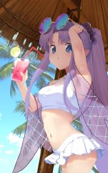 Rule 34 | 1girl, absurdres, armpits, bikini, blue eyes, blue hair, capelet, cup, eyewear on head, fate/grand order, fate (series), highres, holding, holding cup, long hair, looking at viewer, medea (lily) (fate), nanao (aoyamahikari), palm tree, pointy ears, ponytail, see-through, skirt, solo, sunglasses, swimsuit, tree