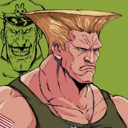 Rule 34 | 2boys, blonde hair, dog tags, flattop, frown, green background, grin, guile, hat, honjojnoh, m. bison, male focus, multiple boys, simple background, smile, street fighter, tattoo, teeth