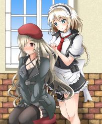 Rule 34 | 2girls, aqua eyes, beret, black legwear, blonde hair, braid, breasts, closed mouth, core1013, feet out of frame, g36 (girls&#039; frontline), g36c (girls&#039; frontline), girls&#039; frontline, hair brush, hands in hair, hat, highres, holding, holding hair brush, jacket, long hair, looking at another, looking down, maid, maid headdress, military, military jacket, military uniform, multiple girls, necktie, red eyes, red headwear, red neckwear, siblings, simple background, sisters, sitting, smile, standing, thighhighs, uniform, wall, window