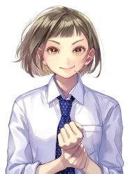 Rule 34 | 1girl, blue necktie, bob cut, brown hair, cherico, clenched hands, closed mouth, commentary request, facing viewer, hands up, highres, lips, looking at viewer, necktie, original, polka dot neckwear, school uniform, shirt, simple background, smile, solo, upper body, white background, white shirt, yellow eyes