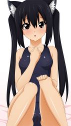 Rule 34 | 1girl, animal ears, black hair, blush, brown eyes, cameltoe, cat ears, jpeg artifacts, k-on!, nakano azusa, one-piece swimsuit, open mouth, school swimsuit, solo, sugimura tomokazu, swimsuit, twintails