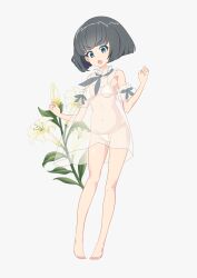 Rule 34 | 1girl, absurdres, bikini, black hair, blue eyes, blush, breasts, full body, girls und panzer, highres, looking at viewer, navel, open mouth, see-through, short hair, simple background, small breasts, solo, sono midoriko, swimsuit, white background, white bikini, whitemaiden