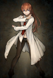 Rule 34 | 1girl, black background, black pantyhose, blood, blood on clothes, blue eyes, boots, brown hair, crotch seam, female focus, fighting stance, lab coat, long hair, looking at viewer, makise kurisu, necktie, no pants, open mouth, panties, panties under pantyhose, pantyhose, red hair, red necktie, shiohara shin&#039;ichi, simple background, solo, steins;gate, underwear, white panties