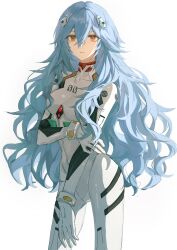 Rule 34 | 1girl, absurdres, arm across chest, ayanami rei, blue hair, bodysuit, breasts, covered collarbone, cowboy shot, danshui, expressionless, hair between eyes, hand on own arm, highres, interface headset, long hair, looking at viewer, medium breasts, neon genesis evangelion, parted lips, pilot suit, plugsuit, red eyes, simple background, solo, standing, very long hair, wavy hair, white background, white bodysuit