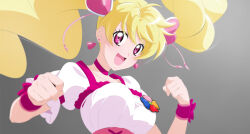 Rule 34 | 1girl, blonde hair, breasts, choker, cure peach, earrings, fresh precure!, fuchi (nightmare), gradient background, grey background, hair ornament, heart, heart earrings, heart hair ornament, highres, jewelry, large breasts, long hair, looking at viewer, magical girl, open mouth, pink choker, pink eyes, pink wrist cuffs, precure, puffy short sleeves, puffy sleeves, short sleeves, smile, solo, twintails, upper body, wrist cuffs