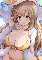 Rule 34 | 1girl, :d, bikini, blue archive, blue sky, blush, breasts, brown hair, cleavage, cloud, collarbone, commentary request, day, flower, front-tie top, green eyes, hand up, hat, hat flower, highres, jacket, large breasts, long sleeves, looking at viewer, nonomi (blue archive), nonomi (swimsuit) (blue archive), one-hour drawing challenge, open clothes, open jacket, open mouth, outdoors, sky, sleeves past wrists, smile, solo, sun hat, swimsuit, water, white hat, white jacket, xenon (for achieve), yellow bikini, yellow flower
