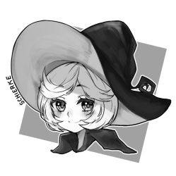 Rule 34 | 1girl, berserk, blush, character name, closed mouth, commentary, commission, english commentary, grey background, greyscale, hat, looking at viewer, monochrome, osiimi, outline, portrait, schierke (berserk), short hair, simple background, smile, solo, white outline, wing collar, witch hat
