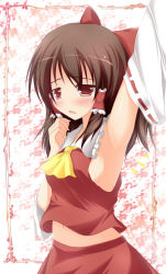 Rule 34 | 1girl, armpits, arms up, blush, bow, breasts, brown hair, detached sleeves, female focus, hair bow, hakurei reimu, japanese clothes, midriff, miko, navel, red eyes, sideboob, small breasts, solo, touhou, yuzutei