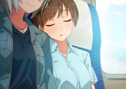 Rule 34 | 10s, 2girls, anastasia (idolmaster), blurry, brown hair, dacchi, depth of field, closed eyes, highres, idolmaster, idolmaster cinderella girls, jewelry, long hair, multiple girls, necklace, nitta minami, out of frame, parted lips, short hair, side-by-side, silver hair, sleeping, sleeping upright, sleeveless, smile