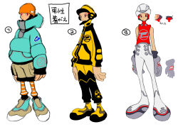 Rule 34 | 2000s (style), 3boys, aged up, alternate costume, amp (cool cool toon), arms at sides, beanie, black hood, black jacket, black pants, black sleeves, bowler hat, brown shorts, bug print, character sheet, closed mouth, concept art, cool cool toon, dot nose, gloves, green hood, green jacket, green sleeves, grey gloves, gyoubu ippei, hat, highres, hood, hood down, hood up, hooded jacket, hooded shirt, jacket, large feet, large hands, legs apart, logo, logo print, multicolored clothes, multicolored footwear, multicolored jacket, multiple boys, numbered, official alternate costume, official art, orange hat, orange socks, padded jacket, pants, pocket, print gloves, print jacket, print pants, print shirt, print sleeves, red eyes, red hair, red shirt, shirt, shorts, simple background, sketch, sleeveless, sleeveless shirt, snk, socks, standing, toon (style), translation request, two-tone jacket, two-tone pants, two-tone sleeves, white background, white hat, white pants, yellow footwear, yellow hood, yellow jacket, yellow pants, yellow sleeves