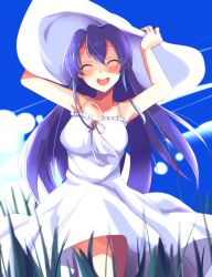 Rule 34 | 1girl, :d, ^ ^, absurdres, blue hair, breasts, closed eyes, collarbone, dress, closed eyes, hands on headwear, happy, hat, highres, long hair, multicolored hair, open mouth, serena (yu-gi-oh!), smile, solo, sundress, two-tone hair, very long hair, yaharinaneanisu, yu-gi-oh!, yu-gi-oh! arc-v