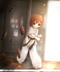 Rule 34 | 1girl, artist name, barefoot, belt, black belt, brick wall, brown hair, clenched hand, closed mouth, commentary request, dougi, full body, highres, indoors, karate, kuma-bound, martial arts belt, motion blur, original, pants, punching, red eyes, short hair, side ponytail, solo, toes, v-shaped eyebrows, white pants