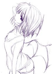 Rule 34 | 1girl, arched back, arm up, bare arms, bare shoulders, bat wings, breasts, butt crack, collarbone, commentary request, cowboy shot, from above, from side, hand in own hair, highres, monochrome, nori tamago, pointy ears, purple theme, remilia scarlet, short hair, short shorts, shorts, simple background, sketch, small breasts, solo, standing, tank top, touhou, unfinished, white background, wings