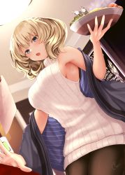 Rule 34 | 1girl, alternate costume, black pantyhose, blonde hair, blue eyes, blush, breasts, colorado (kancolle), commentary request, cowboy shot, food, hair between eyes, highres, holding, kantai collection, large breasts, narushima kanna, no headwear, open mouth, pantyhose, ribbed sweater, short hair, sideboob, signature, sleeveless, solo, sweater, white sweater