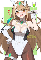 Rule 34 | 1girl, animal ears, asymmetrical sleeves, bare shoulders, blonde hair, blush, breasts, chest jewel, chocojax, cleavage, detached collar, elbow gloves, gloves, highres, jewelry, large breasts, leotard, long hair, looking at viewer, mismatched sleeves, mythra (xenoblade), nontraditional playboy bunny, solo, strapless, swept bangs, thigh strap, thighs, tiara, tsundere, very long hair, wrist cuffs, xenoblade chronicles (series), xenoblade chronicles 2, yellow eyes