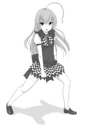 Rule 34 | 1girl, :o, ahoge, checkered clothes, checkered skirt, chestnut mouth, fighting stance, full body, greyscale, haiyore! nyaruko-san, huge ahoge, loafers, long hair, looking at viewer, monochrome, nyarlathotep (nyaruko-san), open mouth, regdic, shadow, shoes, simple background, skirt, solo, thighhighs, white background, zettai ryouiki