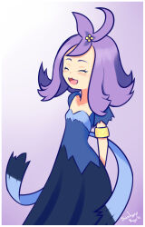 Rule 34 | 1girl, :3, acerola (pokemon), armlet, arms behind back, blue dress, blush, closed eyes, collarbone, creatures (company), drantyno, dress, fangs, female focus, game freak, gradient background, hair ornament, long hair, nintendo, open mouth, pokemon, pokemon sm, purple background, purple hair, short sleeves, smile, solo, standing