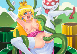 Rule 34 | 1girl, artist name, artz, blonde hair, blue eyes, bottomless, breasts, crown, earrings, elbow gloves, gloves, high heels, highres, jewelry, mario (series), monster, nintendo, nipples, object insertion, open mouth, piranha plant, plant, princess peach, pussy, saliva, super mario bros. 1, thighhighs, tongue, tongue out, torn clothes, uncensored, vaginal, vaginal object insertion, vines, warp pipe
