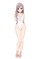 Rule 34 | 1girl, absurdres, breasts, brown eyes, competition swimsuit, full body, grey hair, hair over shoulder, highleg, highleg swimsuit, highres, idolmaster, idolmaster shiny colors, laichange, long hair, looking at viewer, medium breasts, multicolored clothes, multicolored swimsuit, official alternate costume, one-piece swimsuit, sandals, simple background, solo, standing, swimsuit, whistle, whistle around neck, white background, white one-piece swimsuit, yukoku kiriko