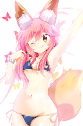 Rule 34 | 1girl, ;q, animal ears, arm up, armpits, bikini, blue bikini, breasts, bug, butterfly, cleavage, commentary request, cowboy shot, fate (series), fox ears, fox tail, groin, hair between eyes, highres, insect, massala, navel, one eye closed, pink hair, side-tie bikini bottom, small breasts, solo, star (symbol), stomach, swimsuit, tail, tamamo (fate), tamamo no mae (fate/extra), tamamo no mae (swimsuit lancer) (fate), tongue, tongue out, white background, wristband, yellow eyes