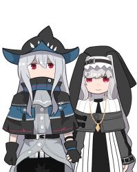 Rule 34 | 2girls, arknights, ascot, belt, black capelet, black dress, black gloves, black headwear, capelet, commentary request, dress, gloves, grey ascot, grey shirt, habit, hair between eyes, hat, holding hands, jewelry, kumamoto aichi, long hair, multiple girls, necklace, nun, red eyes, shirt, silver hair, simple background, skadi (arknights), smile, specter (arknights), upper body, white background