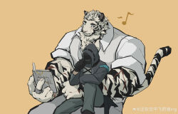 Rule 34 | 2boys, absurdres, animal ears, arknights, artist request, bara, book, collared shirt, coughing, doctor (arknights), facial hair, feet out of frame, furry, furry male, goatee, highres, holding, holding book, jewelry, large hands, male doctor (arknights), male focus, mountain (arknights), mountain (book reader) (arknights), multiple boys, muscular, muscular male, musical note, official alternate costume, pants, reading, ring, scar, scar across eye, scar on arm, shirt, short hair, sitting, sitting on lap, sitting on person, size difference, tail, thick arms, thick eyebrows, tiger boy, tiger ears, tiger tail, white hair, white pants, yaoi