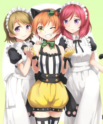 Rule 34 | 10s, 3girls, animal ears, bad id, bad pixiv id, bare shoulders, brown hair, cat ears, fake animal ears, frills, girl sandwich, grin, hairband, hand on another&#039;s shoulder, headdress, highres, holding hands, hoshizora rin, koizumi hanayo, looking at another, looking at viewer, love live!, love live! school idol festival, love live! school idol project, maid, multiple girls, nishikino maki, one eye closed, orange hair, purple eyes, red hair, sandwiched, short hair, shorts, smile, striped clothes, striped legwear, striped thighhighs, thighhighs, utsuro026, vertical-striped clothes, vertical-striped legwear, vertical-striped thighhighs, yellow eyes